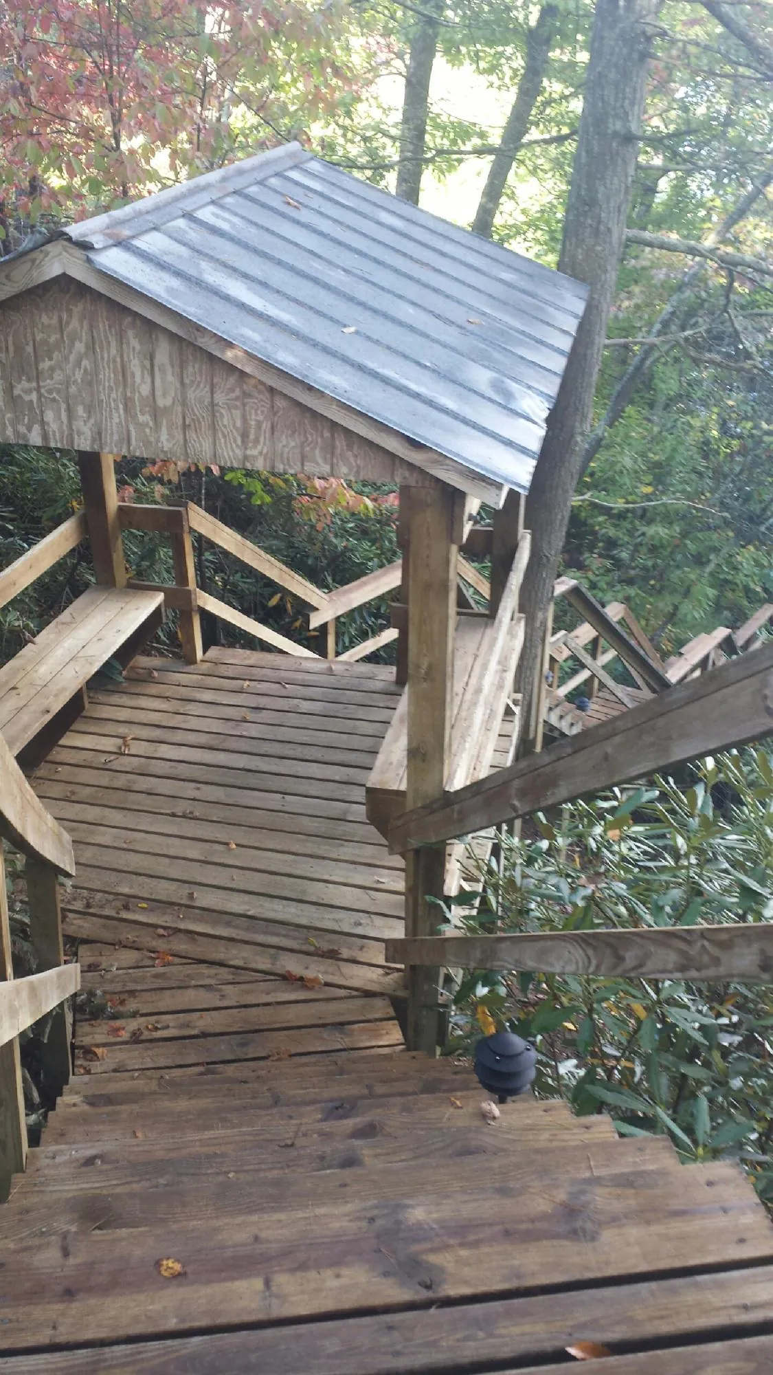 Metal roofed shelter over wooden steps on a wooded walkway — Skylight Repair & Installation work by our crew in Charleston